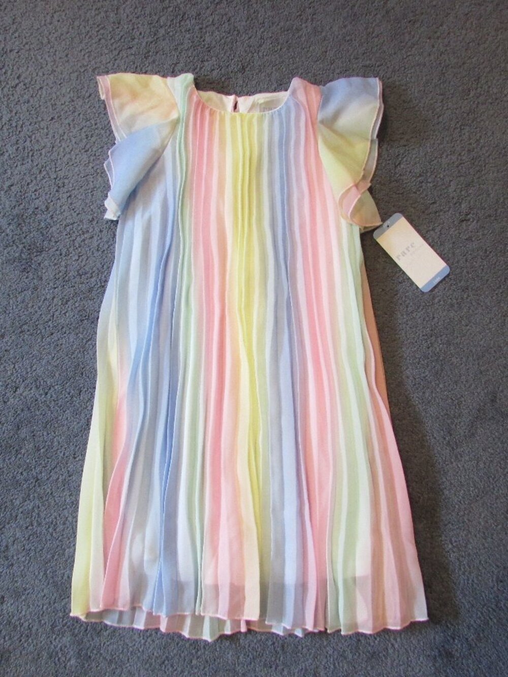 NWT Rare Editions Girls 6 6X Pastel Rainbow Chiffon Ruffled Sleeve Lined Dress